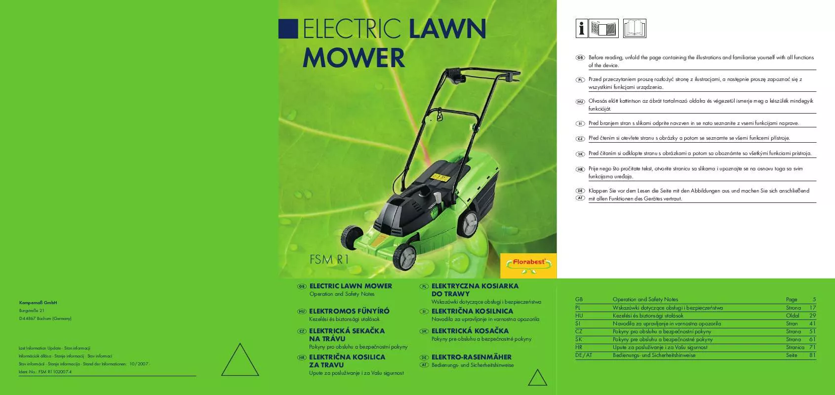 Mode d'emploi FLORABEST KH 3161 / FSM R1 ELECTRIC LAWN MOWER