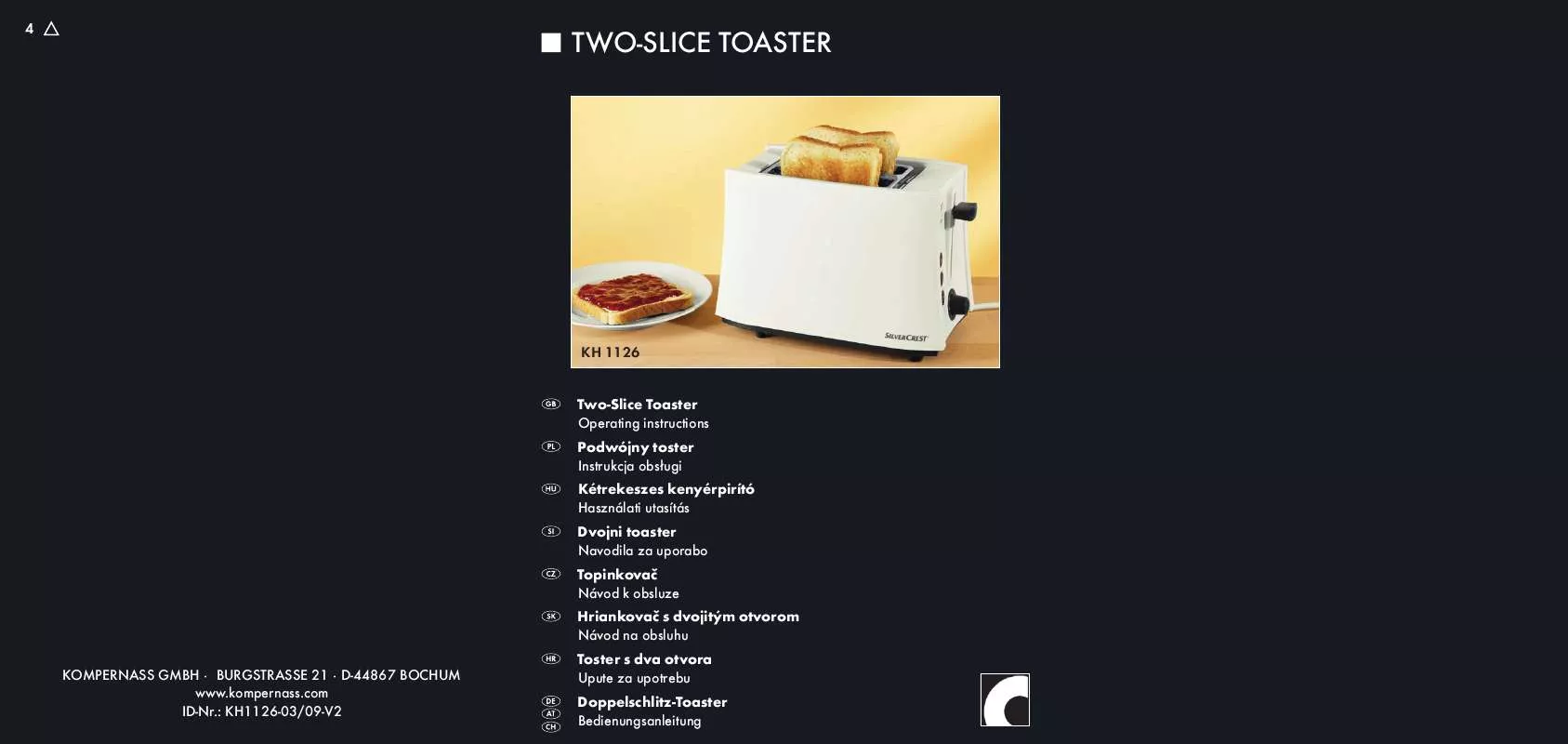 Mode d'emploi SILVERCREST KH 1126 TWO-SLICE TOASTER