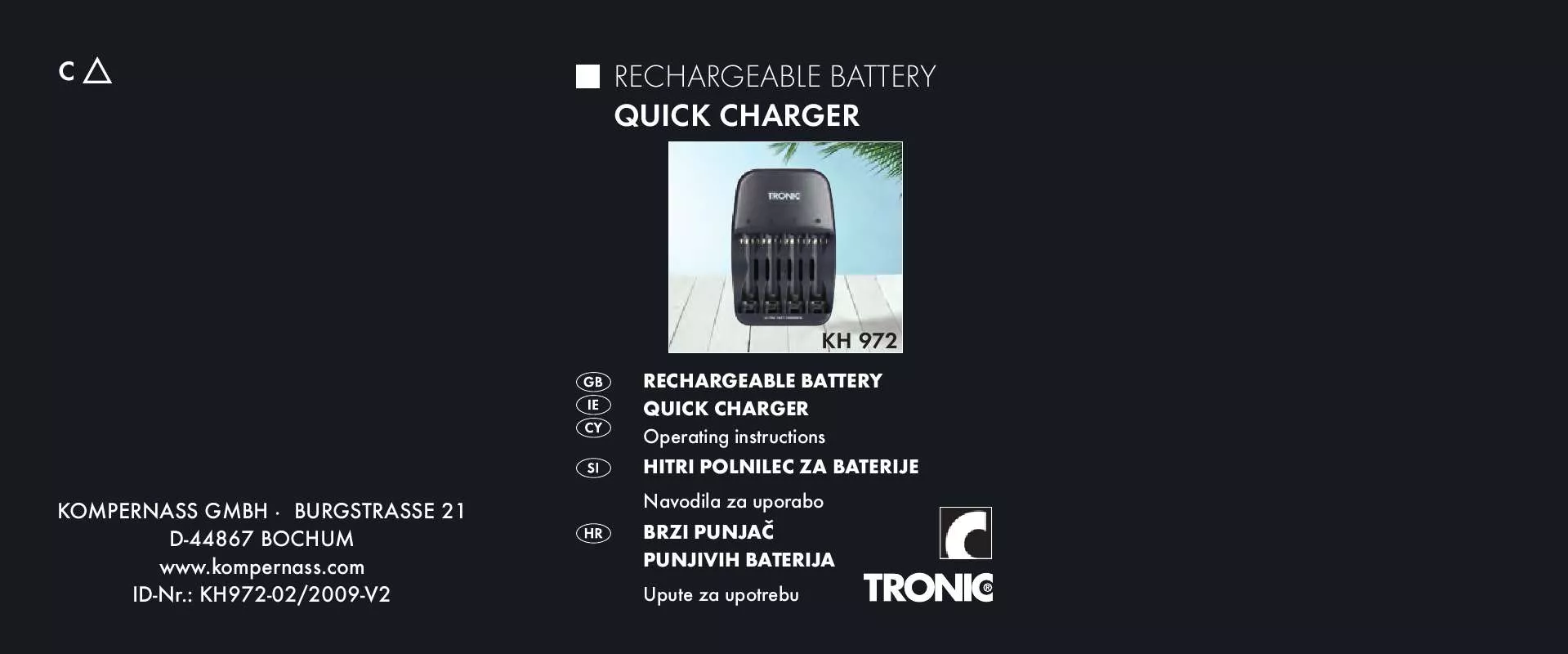 Mode d'emploi TRONIC KH 972 RECHARGEABLE BATTERY QUICK CHARGER