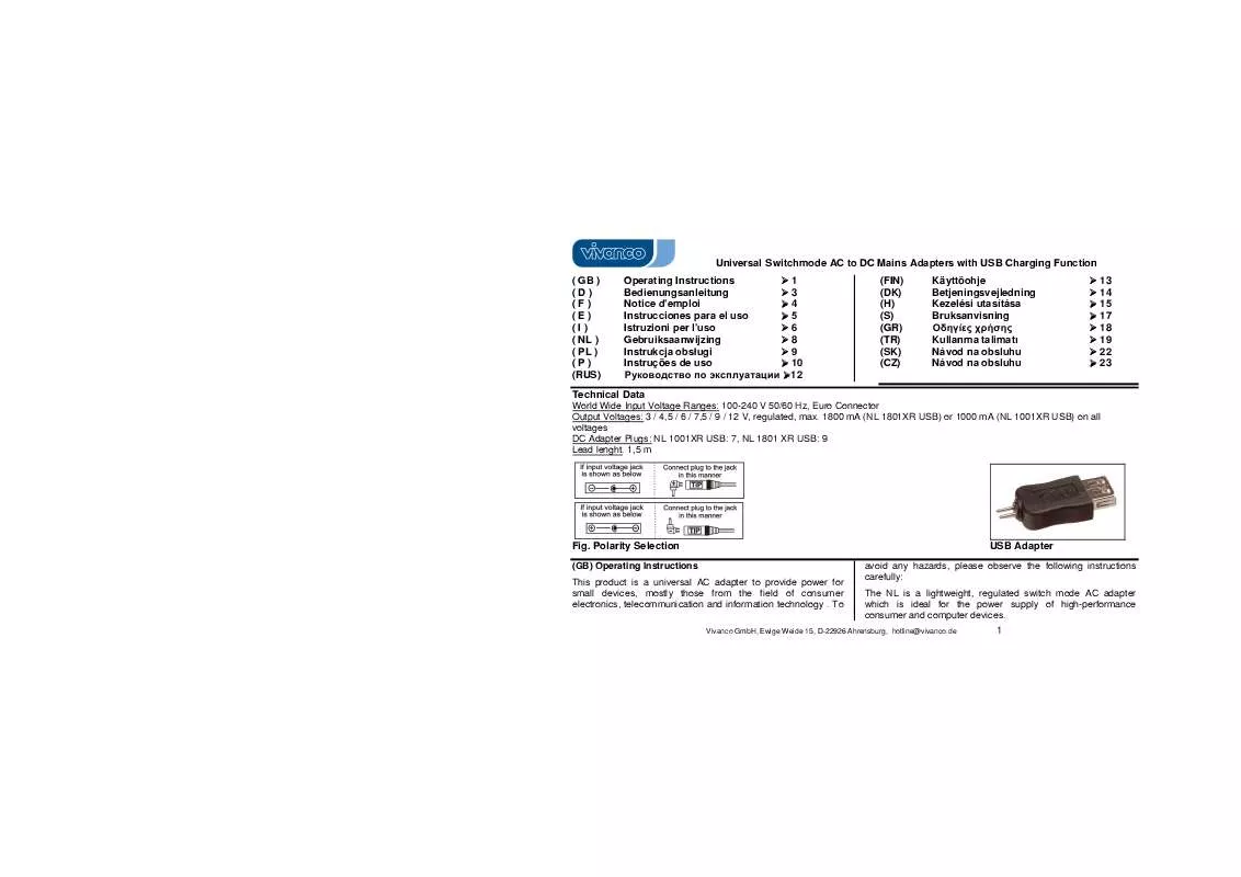 Mode d'emploi VIVANCO UNIVERSAL SWITCHMODE AC TO DC MAINS ADAPTERS WITH USB CHARGING FUNCTION